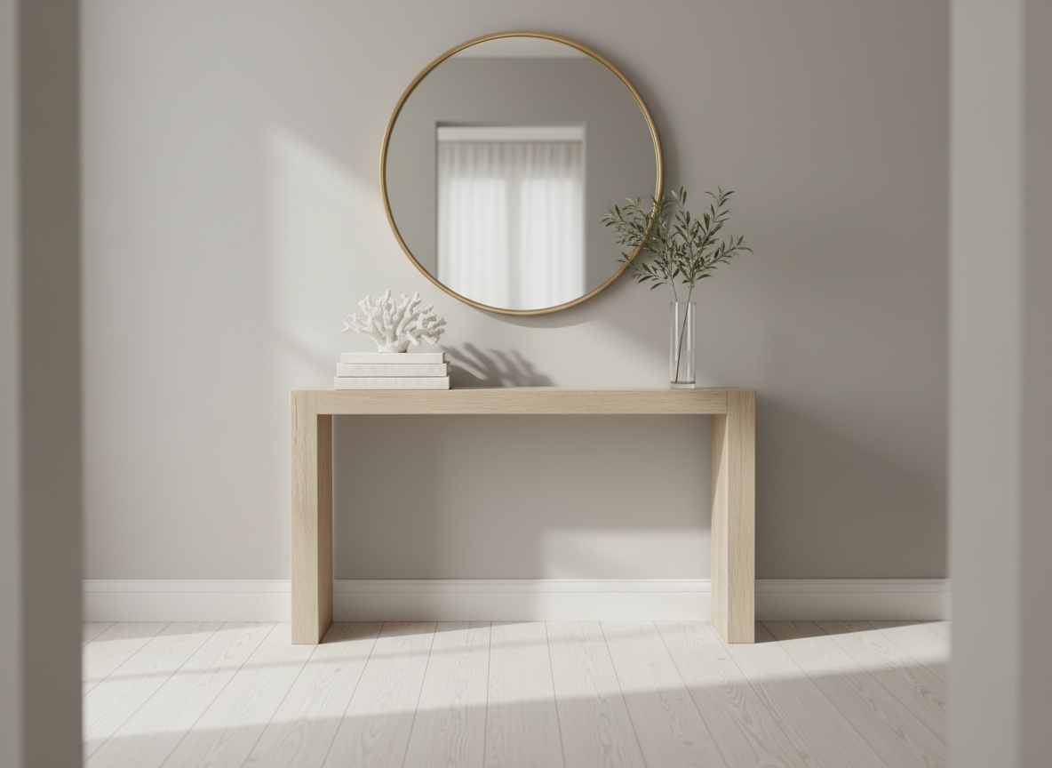 An impeccably styled entry vignette of a coastal luxury home, featuring a narrow white oak console table against a soft greige wall, topped with a large round brass-framed mirror reflecting subtle natural light. A stack of linen-bound design books, a sculptural white coral piece, and a tall, clear glass vase with a single branch of olive leaves add layered texture. The floor below showcases wide-plank white oak with a light, brushed finish. Soft, diffused daylight enters from an unseen sidelight, casting graceful shadows. Photographic realism with a centered composition and shallow depth of field, delivering a calm, sophisticated first impression that captures the curated essence of salty luxe living.