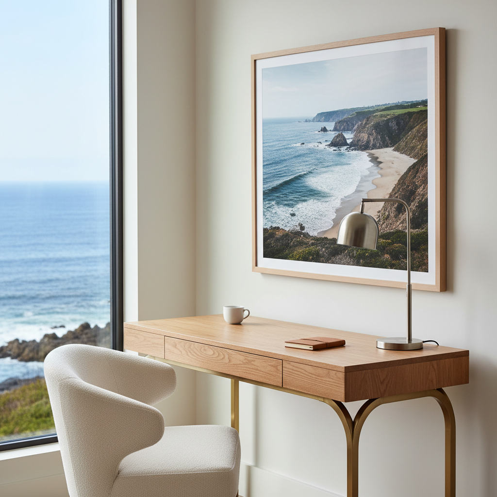 A sophisticated home office corner in a coastal luxury listing, featuring a slim, natural oak desk with sleek brass legs, a creamy boucle accent chair pushed neatly underneath, and a large framed aerial photograph of the North Shore coastline on the wall. A narrow window to the side reveals a sliver of ocean and rugged shoreline. Soft morning light filters in, creating gentle highlights on the desk’s grain and a muted reflection on a brushed metal desk lamp. Photographic realism with a minimalist, editorial feel, shot at a three-quarter angle and shallow depth of field. The atmosphere is calm, curated, and aspirational, perfect for conveying the work-from-home potential of a premium coastal property.