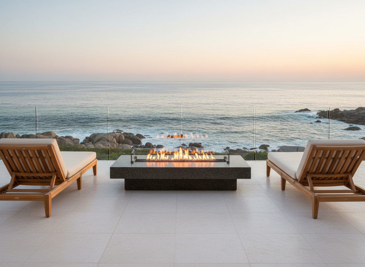 A refined outdoor terrace of a North Shore coastal estate, with a smooth pale stone patio extending toward a low glass railing overlooking the ocean. A pair of teak lounge chairs with thick, ivory cushions flank a slim, dark stone fire table with a controlled, linear flame. Beyond, the water glows silver-blue under late golden hour light, with gentle waves and a hint of rocky shoreline. Photographic realism with an eye-level composition and leading lines drawing the viewer toward the horizon. The mood is intimate, luxurious, and serene, highlighting the allure of salt-air evenings and high-end coastal living.
