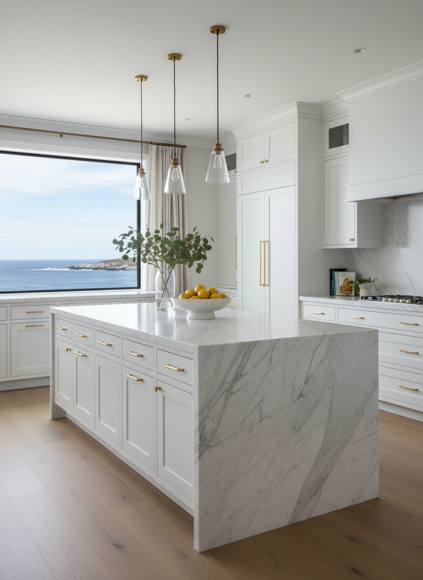 A beautifully styled coastal kitchen designed for a luxury North Shore property, with matte white shaker cabinets, brushed brass hardware, and a waterfall island in honed Carrara marble. Three slender glass pendant lights hang above the island, their warm glow complementing the cool, diffused daylight streaming through a nearby window with a glimpse of blue ocean beyond. On the island, a large white ceramic bowl overflows with lemons and artfully arranged eucalyptus branches in a clear vase. Photographic realism with crisp focus, shot from a slightly elevated angle, capturing clean lines, soft shadows, and an airy, sophisticated mood ideal for showcasing upscale coastal realty.