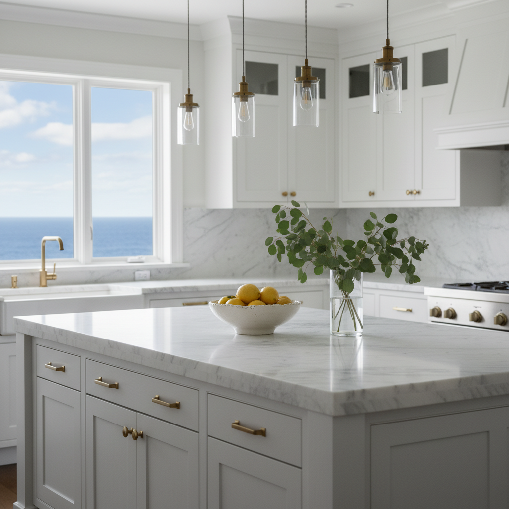 A beautifully styled coastal kitchen designed for a luxury North Shore property, with matte white shaker cabinets, brushed brass hardware, and a waterfall island in honed Carrara marble. Three slender glass pendant lights hang above the island, their warm glow complementing the cool, diffused daylight streaming through a nearby window with a glimpse of blue ocean beyond. On the island, a large white ceramic bowl overflows with lemons and artfully arranged eucalyptus branches in a clear vase. Photographic realism with crisp focus, shot from a slightly elevated angle, capturing clean lines, soft shadows, and an airy, sophisticated mood ideal for showcasing upscale coastal realty.
