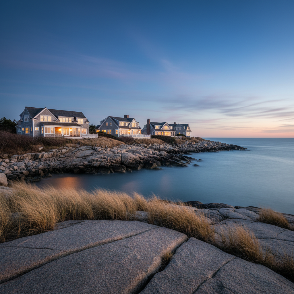 A panoramic, cinematic view of an upscale North Shore coastline at twilight, with stately shingled homes perched along the rocky shore, their soft exterior lighting reflecting warmly on the calm, steel-blue water. Crisp white trim and charcoal roofs contrast against the deepening indigo sky with faint pink remnants of sunset. In the foreground, smooth granite ledges and windswept beach grass frame the scene. Photographic realism with a wide-angle lens, sharp focus throughout, and a subtle long-exposure effect smoothing the water. The mood is tranquil yet luxurious, emphasizing exclusivity, refined coastal living, and the timeless appeal of high-end seaside properties.