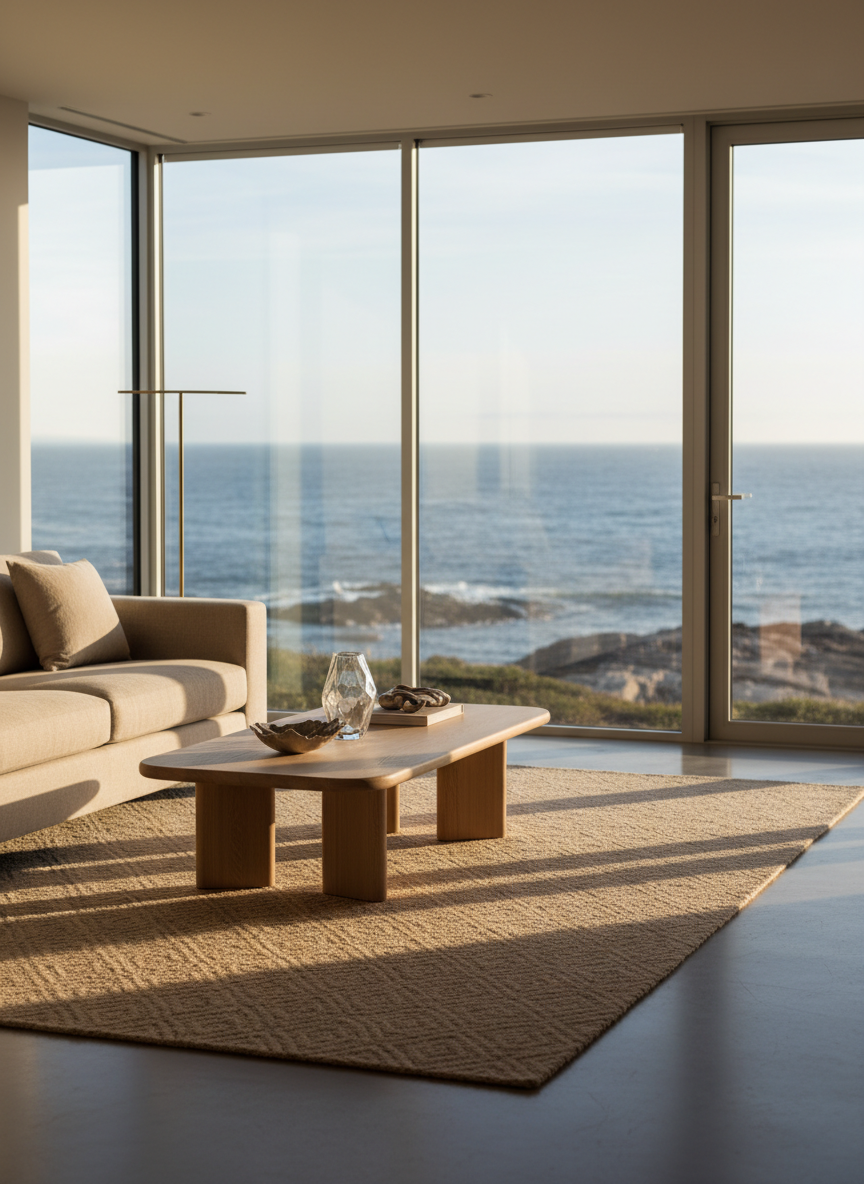 An elegant coastal living room showcasing refined North Shore luxury, featuring a low-profile linen sofa in soft sand tones, a bleached oak coffee table with smooth edges, and a woven seagrass rug with subtle texture. Floor-to-ceiling windows reveal a distant, hazy view of the Atlantic and rocky shoreline. Late afternoon golden light pours in, casting long, warm shadows and delicate reflections on a minimal brass floor lamp and glass decor. Photographic realism with a clean, modern aesthetic, shot at eye level using the rule of thirds and a shallow depth of field, creating a serene, sophisticated atmosphere that evokes curated coastal living and high-end real estate.