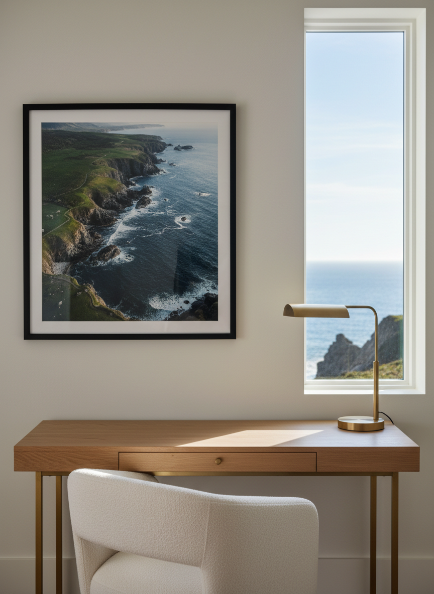 A sophisticated home office corner in a coastal luxury listing, featuring a slim, natural oak desk with sleek brass legs, a creamy boucle accent chair pushed neatly underneath, and a large framed aerial photograph of the North Shore coastline on the wall. A narrow window to the side reveals a sliver of ocean and rugged shoreline. Soft morning light filters in, creating gentle highlights on the desk’s grain and a muted reflection on a brushed metal desk lamp. Photographic realism with a minimalist, editorial feel, shot at a three-quarter angle and shallow depth of field. The atmosphere is calm, curated, and aspirational, perfect for conveying the work-from-home potential of a premium coastal property.
