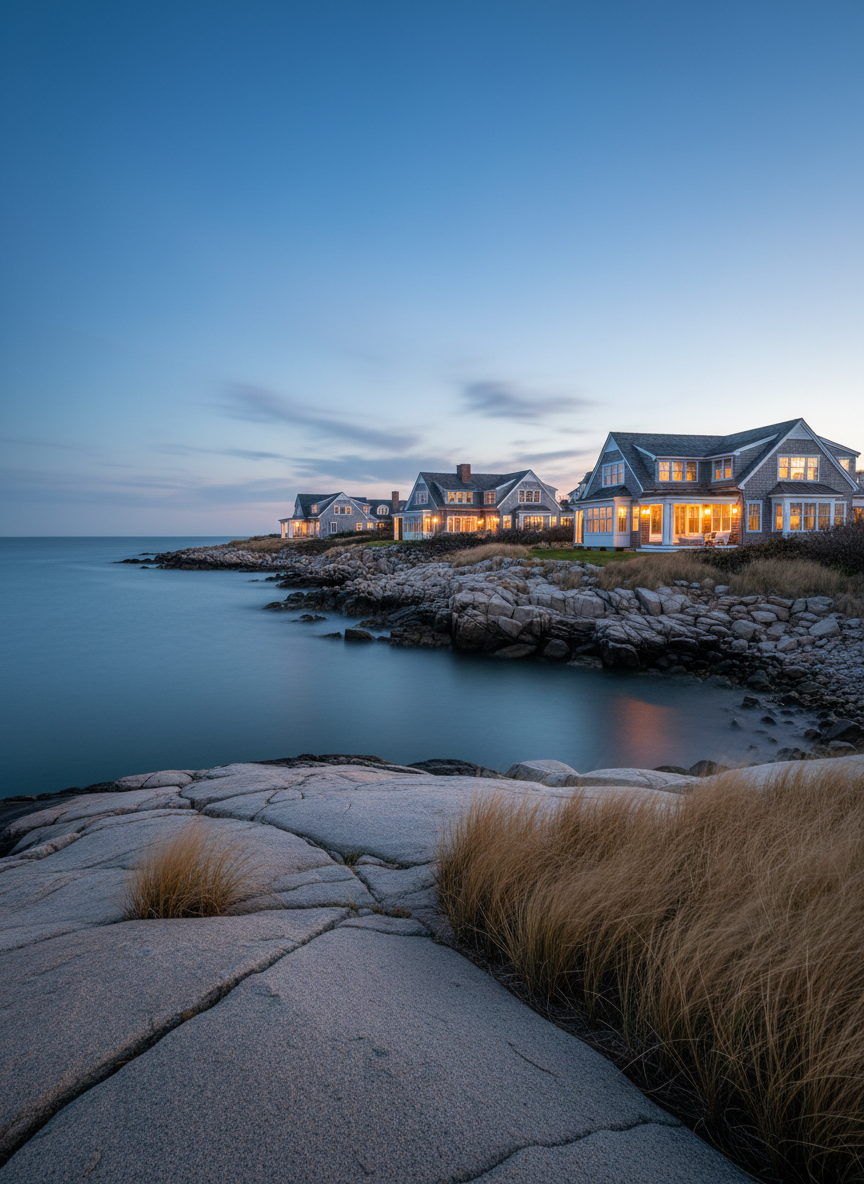 A panoramic, cinematic view of an upscale North Shore coastline at twilight, with stately shingled homes perched along the rocky shore, their soft exterior lighting reflecting warmly on the calm, steel-blue water. Crisp white trim and charcoal roofs contrast against the deepening indigo sky with faint pink remnants of sunset. In the foreground, smooth granite ledges and windswept beach grass frame the scene. Photographic realism with a wide-angle lens, sharp focus throughout, and a subtle long-exposure effect smoothing the water. The mood is tranquil yet luxurious, emphasizing exclusivity, refined coastal living, and the timeless appeal of high-end seaside properties.