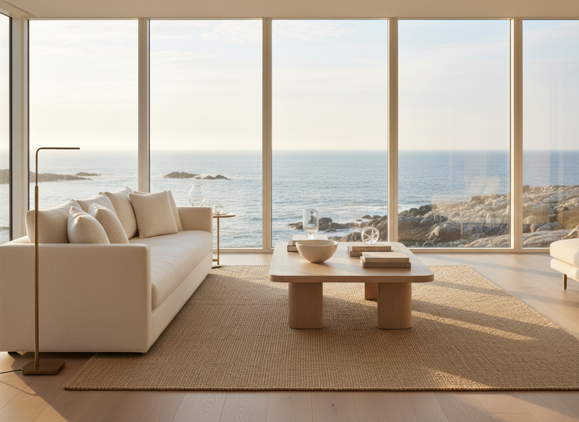 An elegant coastal living room showcasing refined North Shore luxury, featuring a low-profile linen sofa in soft sand tones, a bleached oak coffee table with smooth edges, and a woven seagrass rug with subtle texture. Floor-to-ceiling windows reveal a distant, hazy view of the Atlantic and rocky shoreline. Late afternoon golden light pours in, casting long, warm shadows and delicate reflections on a minimal brass floor lamp and glass decor. Photographic realism with a clean, modern aesthetic, shot at eye level using the rule of thirds and a shallow depth of field, creating a serene, sophisticated atmosphere that evokes curated coastal living and high-end real estate.