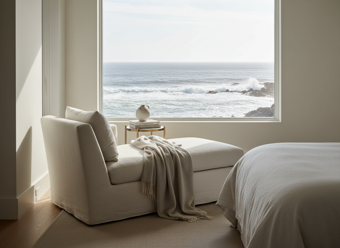 A sunlit reading nook in an ocean-facing bedroom of a high-end North Shore listing, with a plush chaise in oyster-white linen angled toward a large picture window that frames a distant view of surf breaking against rocky shore. A light cashmere throw in soft taupe drapes over the chaise, and a slim brass side table holds a single ceramic vessel and a small stack of books. Late morning coastal light floods the room, creating soft, luminous highlights and gentle shadows across the neutral palette. Photographic realism, shot from a slightly elevated side angle with a soothing, airy atmosphere that communicates quiet, sophisticated coastal retreat living.
